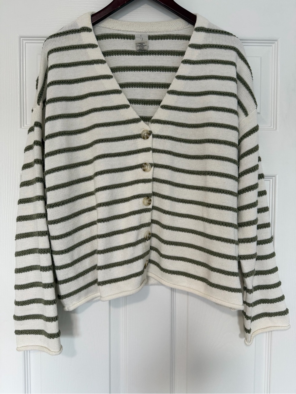 Joie Oversized Striped V-Neck Cardigan Sweater Olive Green & Cream Size Medium